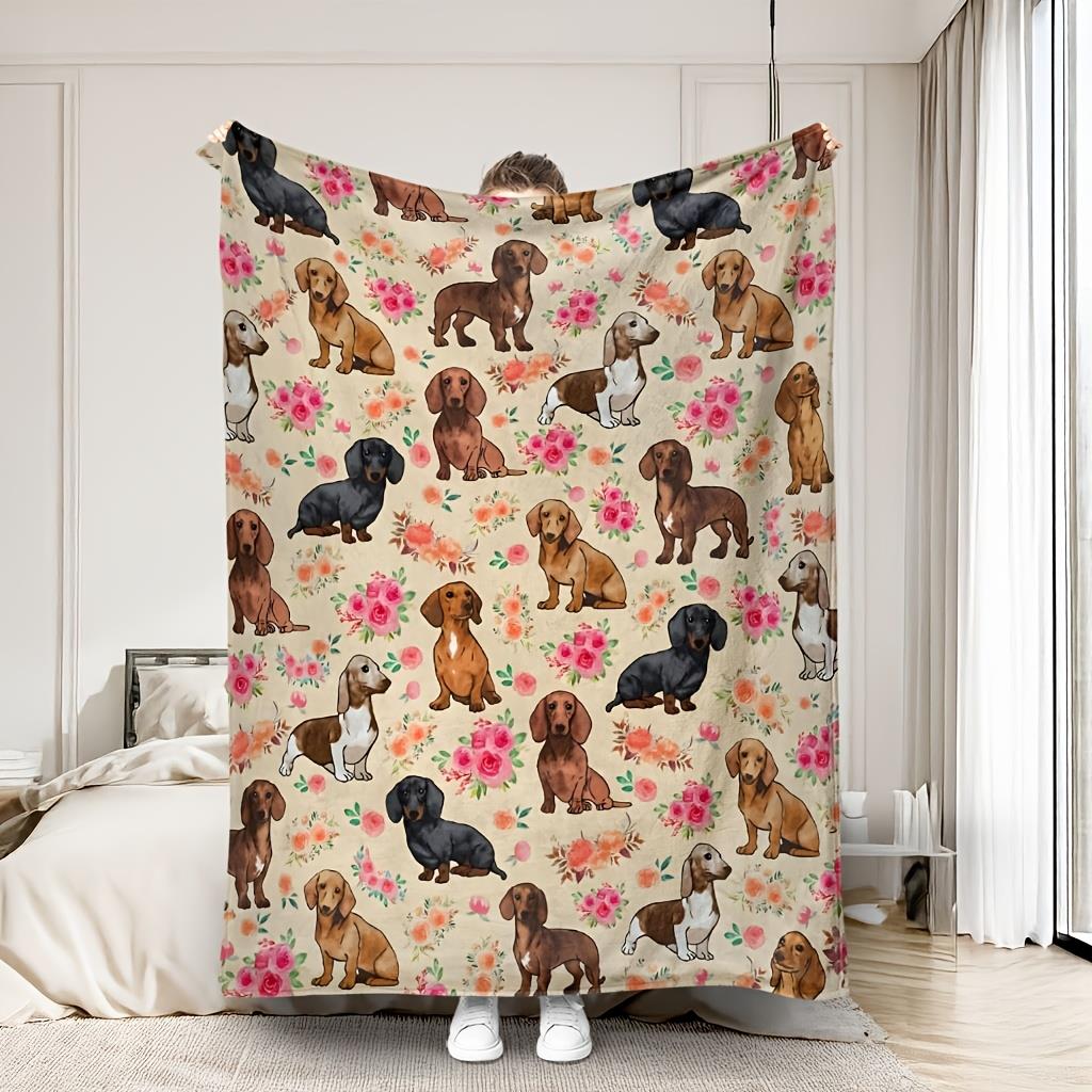 1pc Single/Double Person Blanket with Dachshund And Rose Flower Patch Background Pattern Soft Throw Blanket Flannel Sofa Blanket