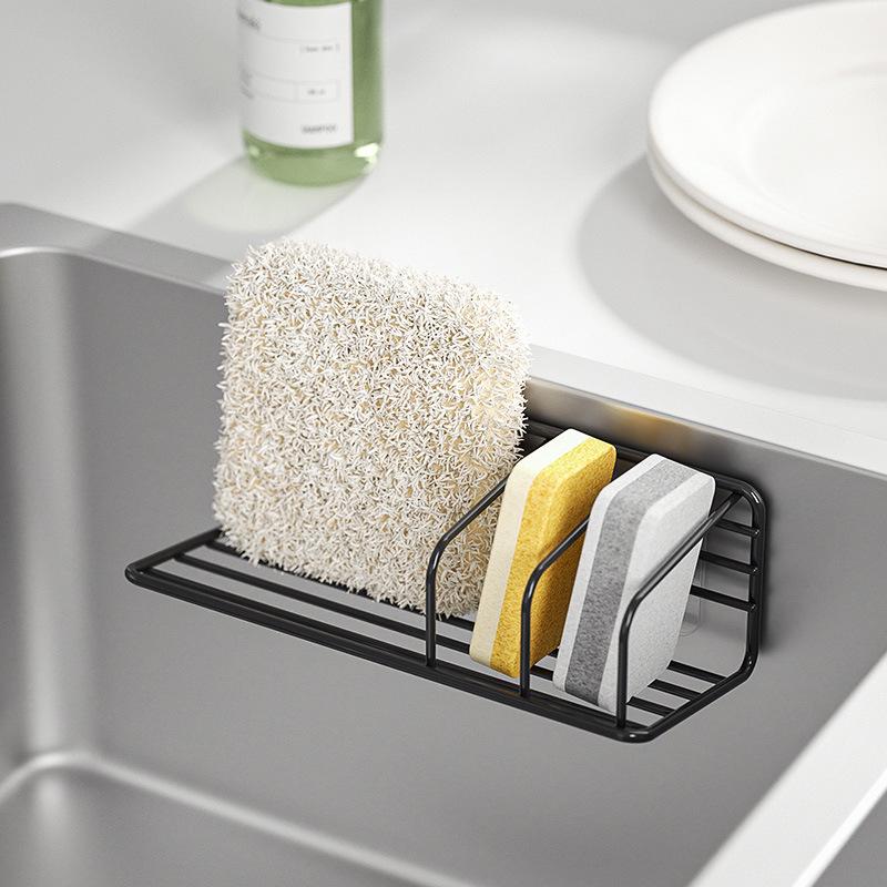 Stainless Steel Sink Sponge Holder Drill-Free Wall Mount Kitchen Organizer Fast Drain Dishcloth Storage Rack Space Saving
