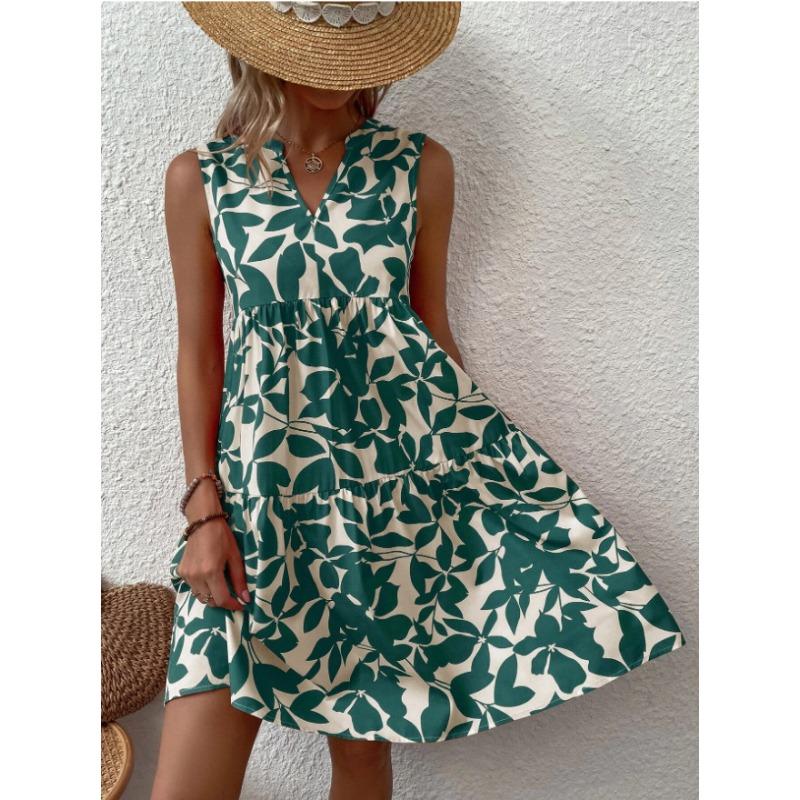 Elegant Sleeveless V Neck Floral Print Boho Mini Dress Summer Ruffle A Line Party Tank Dress Large Size Women Casual Loose Oversize Beach Sundress
