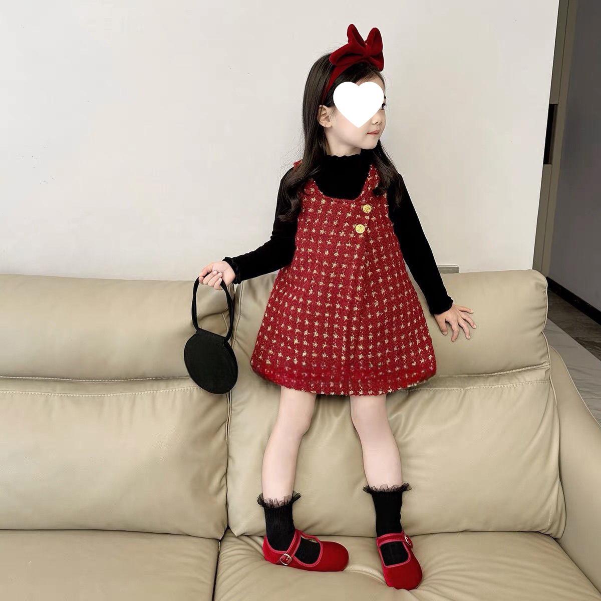 Girls  Houndstooth Wool Vest Dress – Autumn/Winter Korean Style Princess Two-Piece Set 110 cm