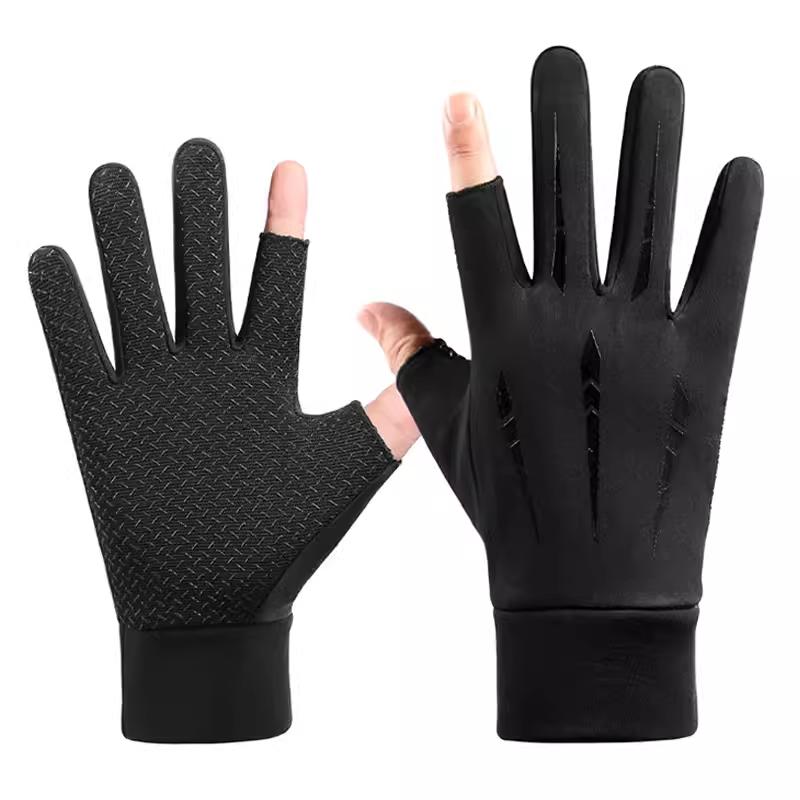 Cycling Gloves Men Winter Warm Fleece-lined Touch Screen Leak Two Finger Driving Non-Slip Windproof Sports Fishing Gloves