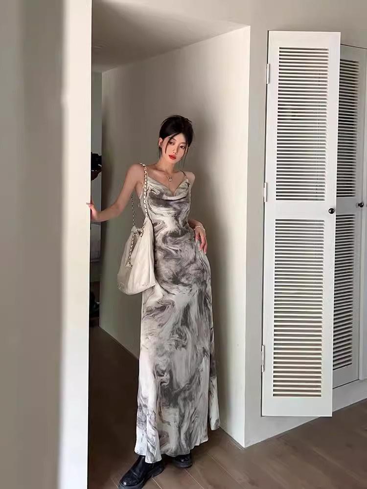 Adjustable Spaghetti Strap Ink Painting Bodycon Fishtail Dress - Chinese Style