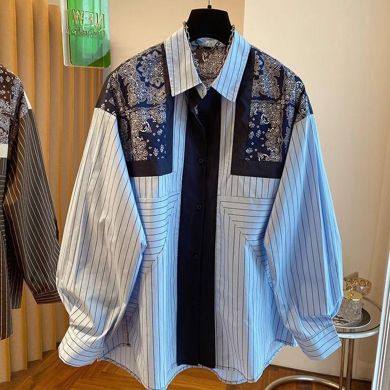 Loose Casual Retro Ethnic Style Printed Blue Striped Long-sleeved Shirt Women s Spring and Autumn Clothes XS