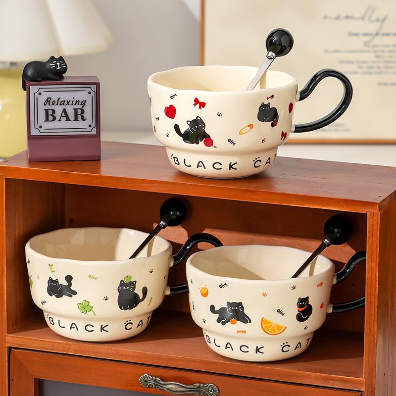 Creative Little Black Cat Ceramic Cup with Spoon for Home Use Large Capacity Office Couple Cup High Value Souvenir Gift Mug