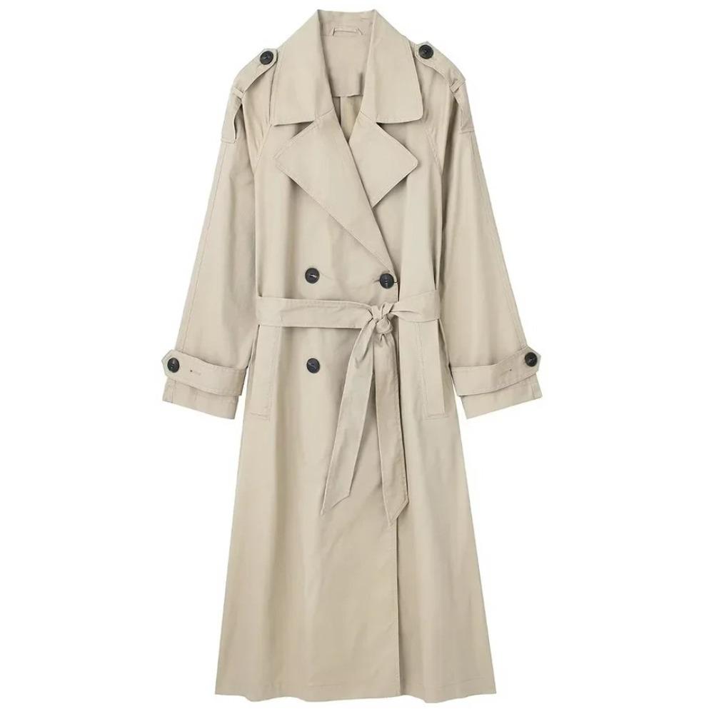 Women Fashion with Belt Solid Double Breasted Trench Vintage Lapel Neck Long Sleeves Female Chic Lady Outfits