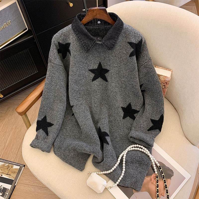Women Autumn Winter Sweater Thickened Warm Knitted Stretchy Long-Sleeve Oversized Top