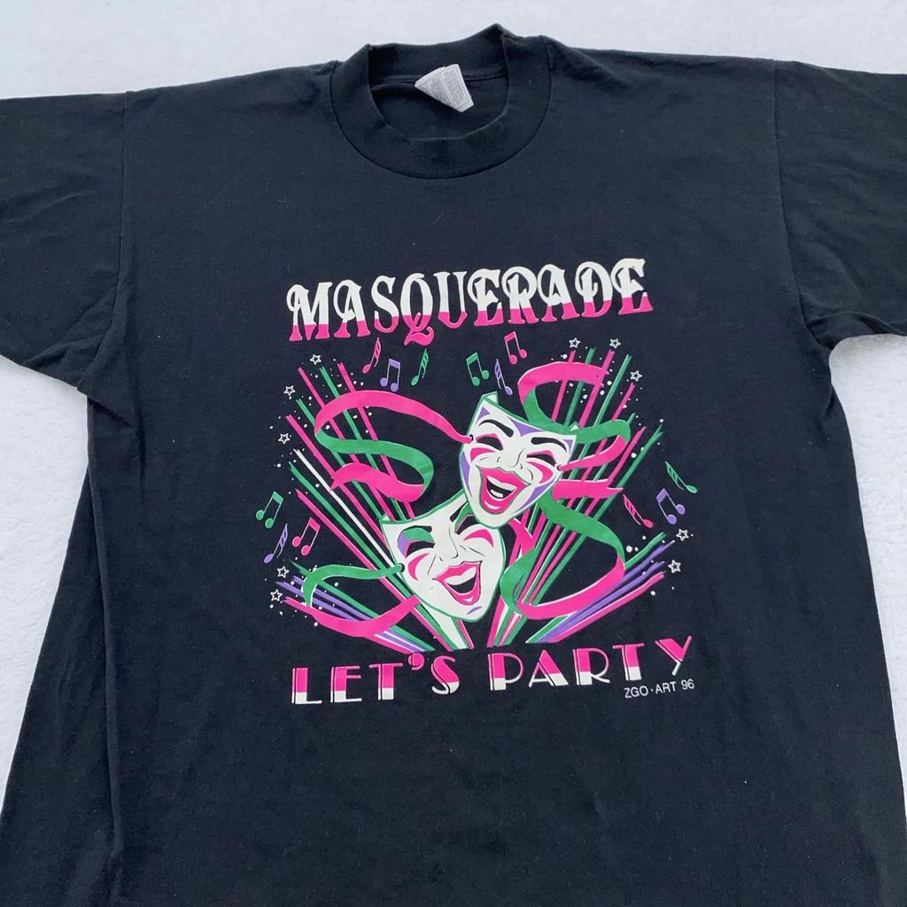 Vintage Masquerade Shirt Mens M/L Black 90s Party Graphic Theater Masks Art