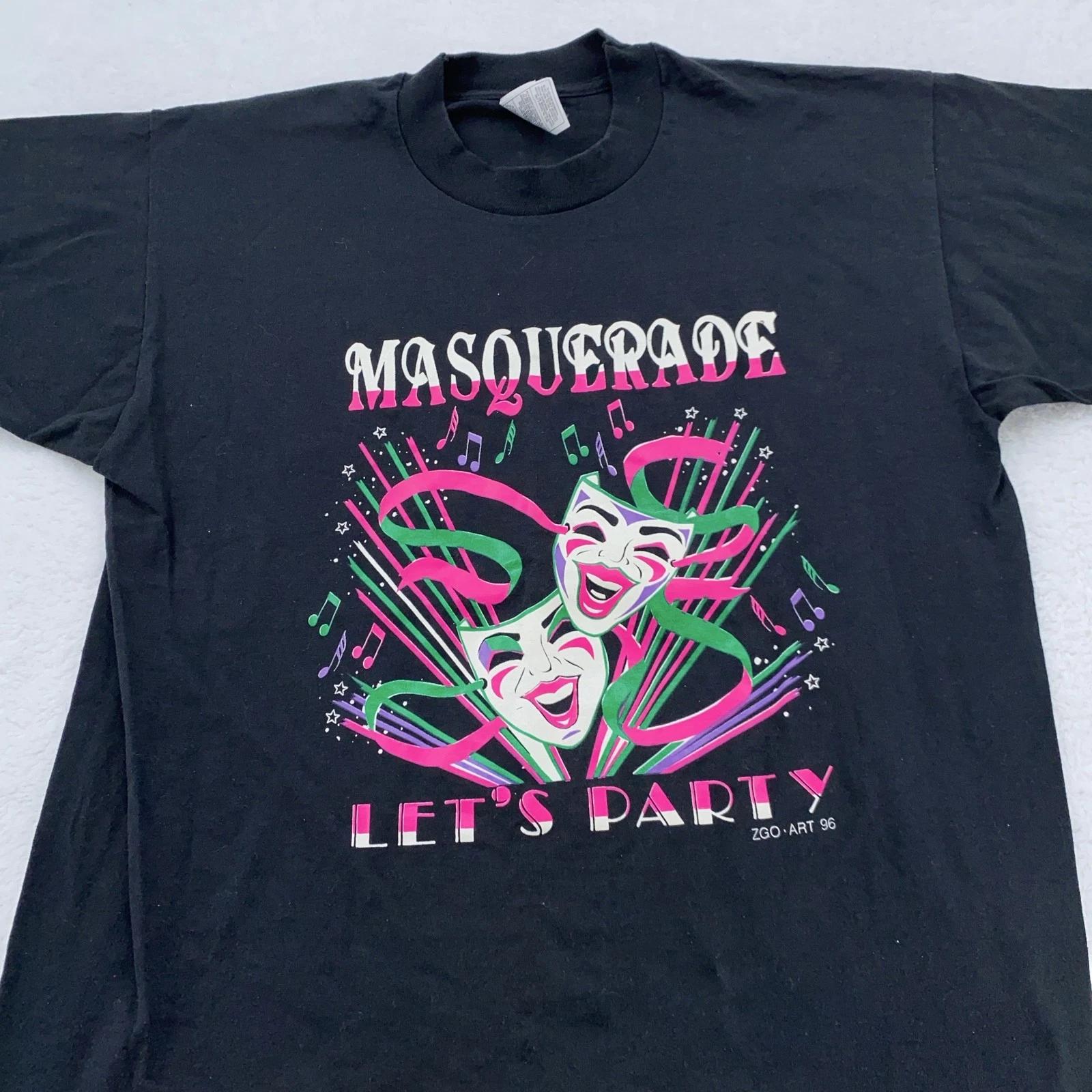 

Vintage Masquerade Shirt Mens M/L Black 90s Party Graphic Theater Masks Art XL