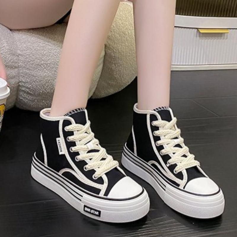 Spring, Summer, Autumn and Winter Women's Shoes Women's Sneakers Canvas Shoes Mid-cut Round Toe Lace-up Casual All-match Shoes