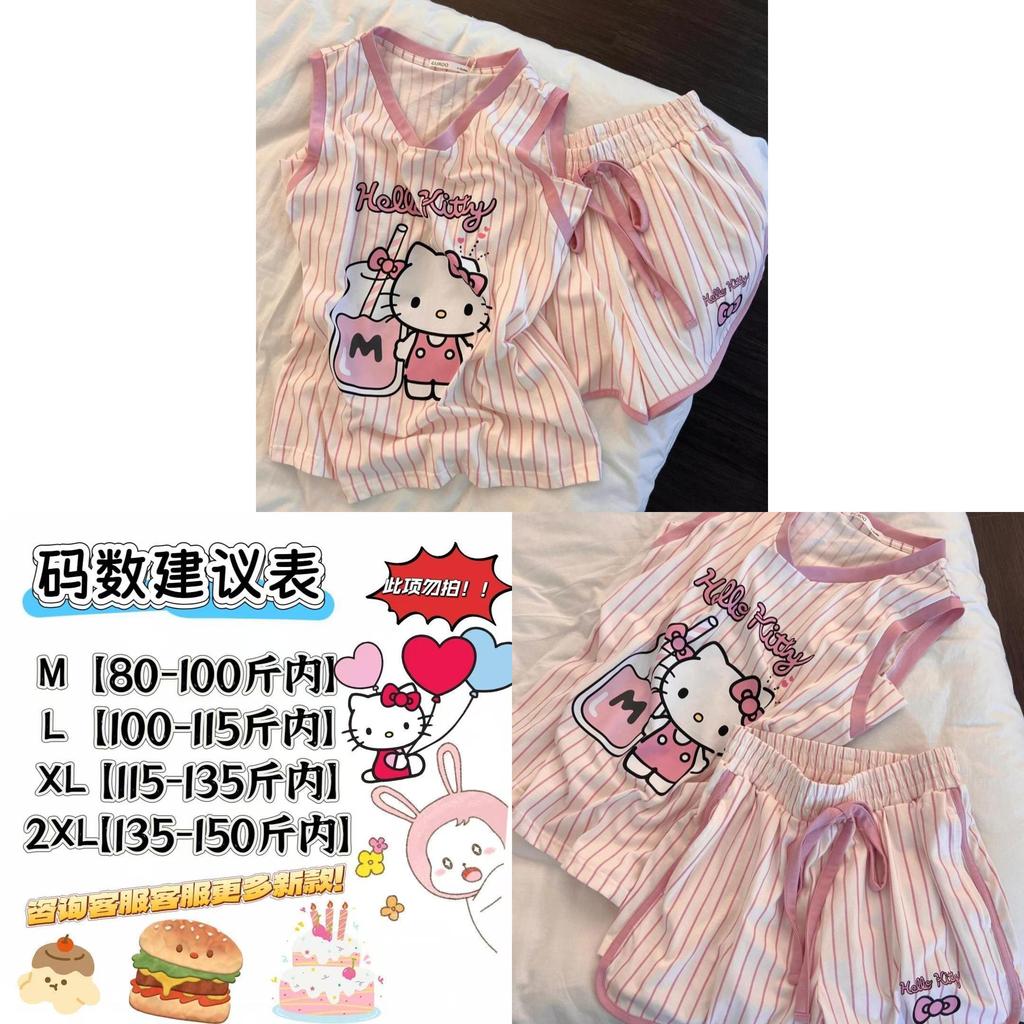 Hello Kitty Pajama Set For Girls With Striped Cotton Sleeveless Shorts Home Wear