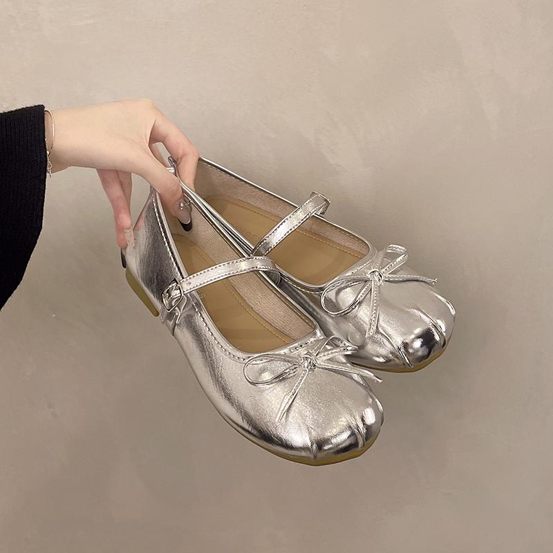 Fashion Silver Bowtie Mary Jane Pumps Fashion Women Round Toe Pu Leather Party Shoes Autumn New Woman Low Heels Wedges Buckle Shoes