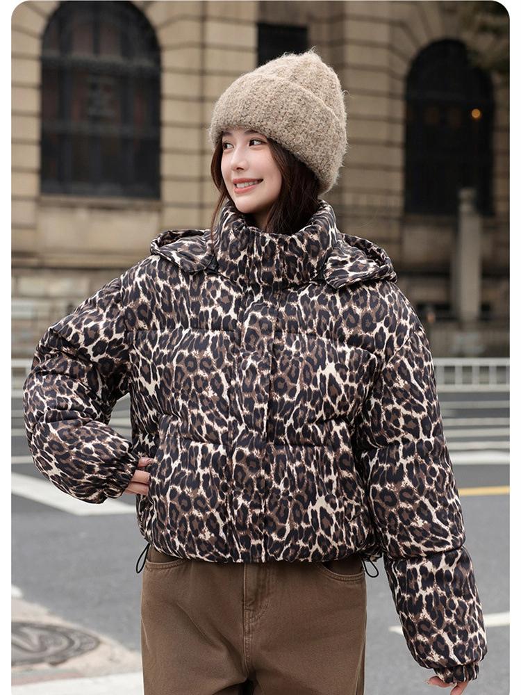 Vintage Odnímatelná Kapuce Leopardí Vzor Krátká Zimní Bunda