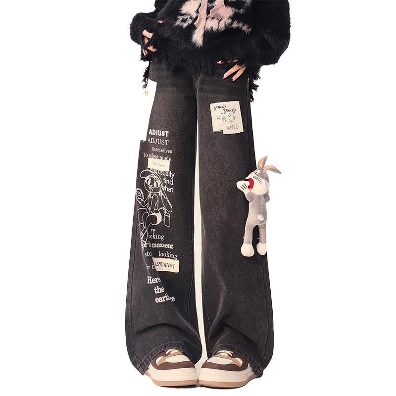 

Черные джинсы для женщин, новый дизайн в стиле граффити, маленькие и повседневные свободные прямые широкие брюки L чёрный