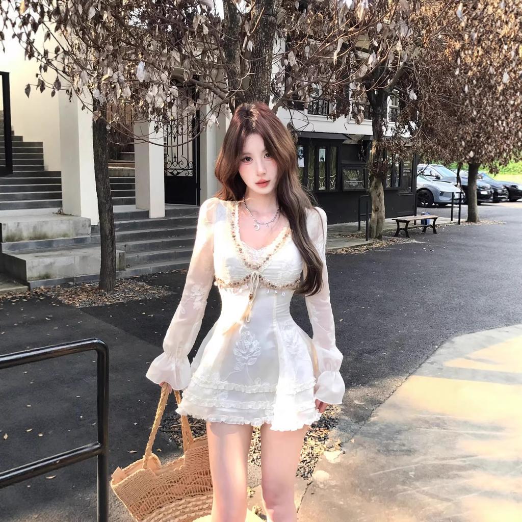 Double suit, middle invisible zipper, pure desire design embroidery dress, women's autumn long-sleeved waist skirt