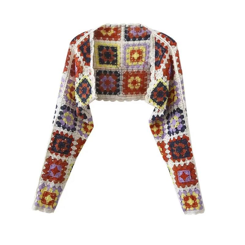 Vintage Colourful Hollow Out Long-sleeved Outer Knitted Cardigan Women's Autumn Cardigan Short Chic Tops