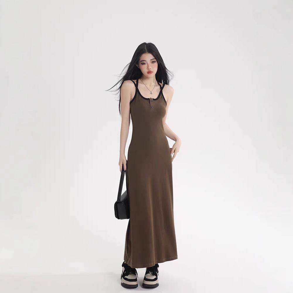 

Американский уличный стиль Лето 2025 Платье-майка без спинки, облегающее, черное, для женщин - Сексуальное, подчеркивающее талию, длинное платье One Size (up to 125 lbs) кофейный