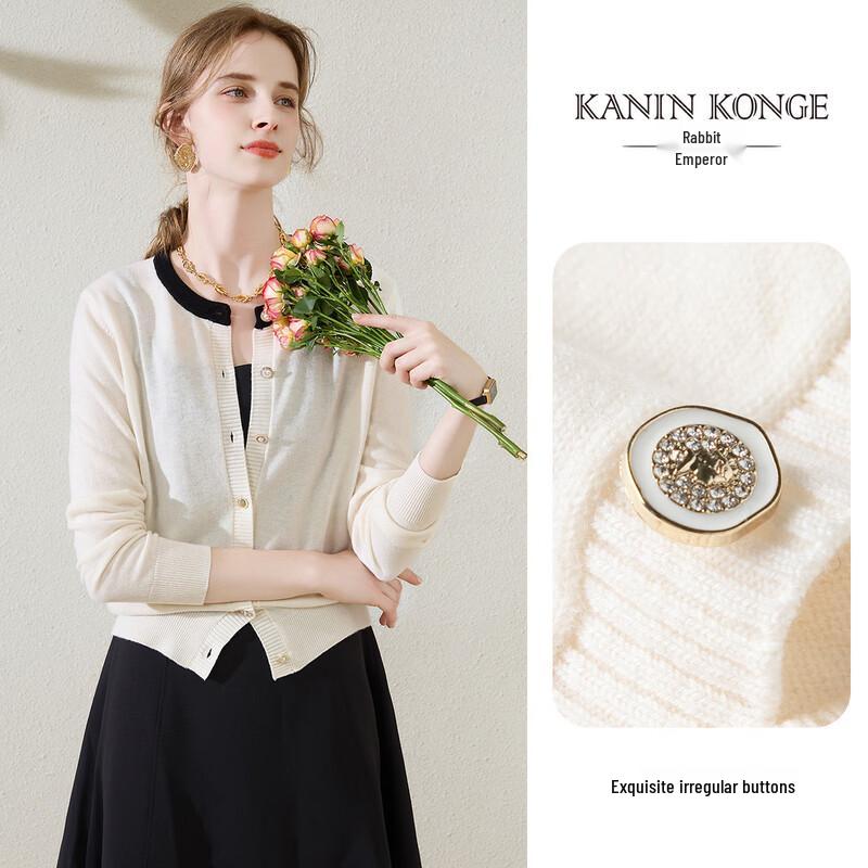 TUHUANG Women's Pure Wool Color Block Round Neck Cardigan