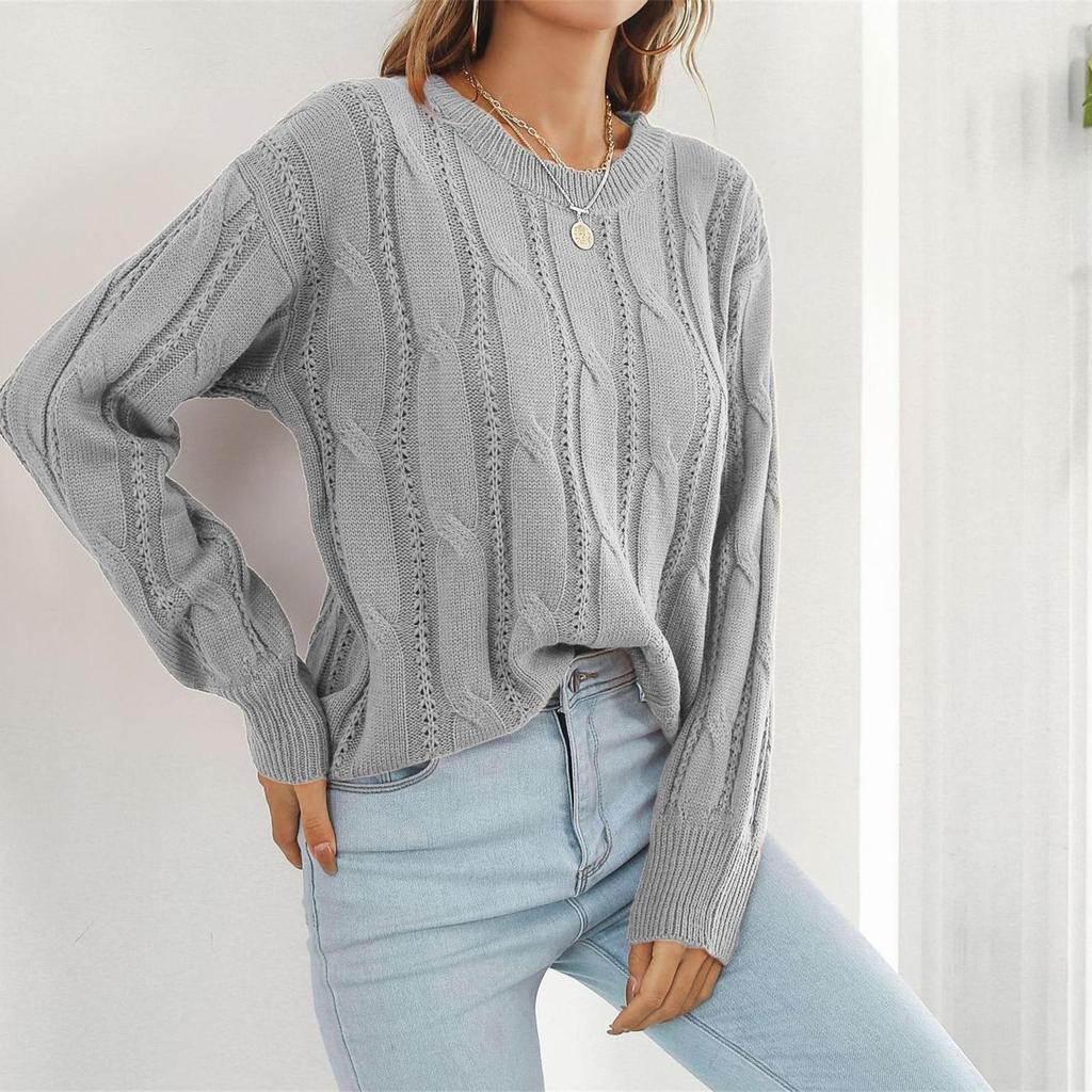 Women's Fashion Casual Cable Knit Solid Color Loose Pullover Long Sleeve Knit Sweater