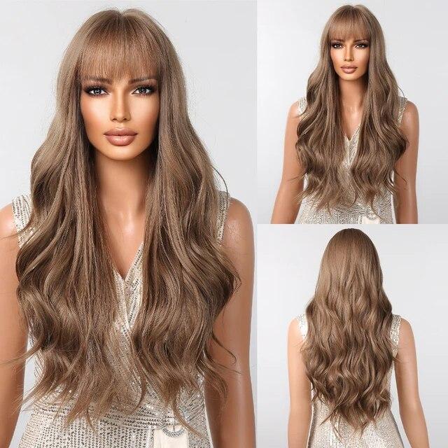 Long Water Wave Synthetic Wigs with Bangs Natural Ginger Brown Loose Curly Wavy Wig for Black White Women Heat Resistant Daily