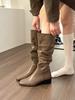 Factory Making Goods~ Coffee Gray Square Head Stacking Boots Women's 2025 New Autumn Oil Wax Leather Martin Boots
