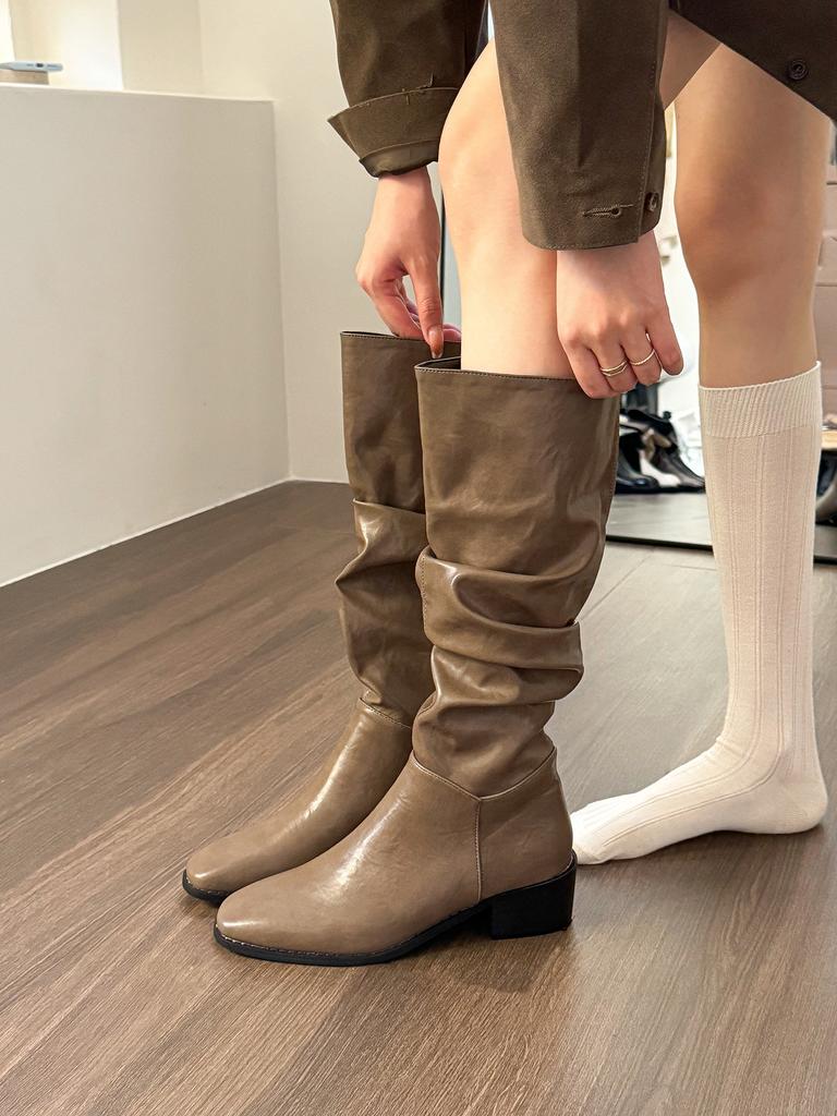 Factory Making Goods~ Coffee Gray Square Head Stacking Boots Women's 2025 New Autumn Oil Wax Leather Martin Boots