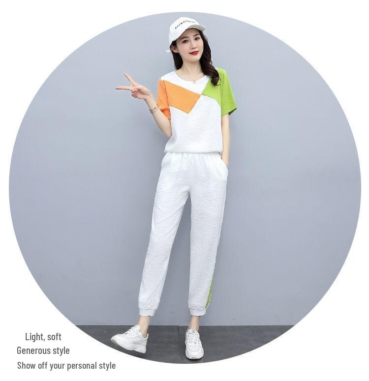 Plus Size Color Block Two-Piece Sportswear Set: Short Sleeve T-shirt & Jogger Pants