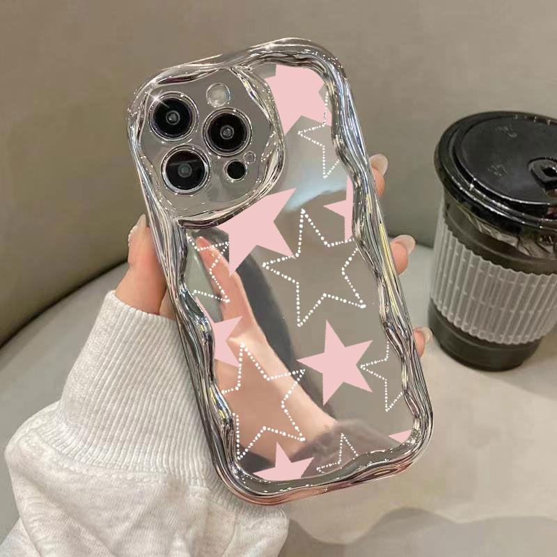 

Модный цветной глянцевый чехол со звездами для iPhone 15 Pro Max 14 Pro 13 12 11, волнистая рамка, зеркало для макияжа, мягкий противоударный защитный чехол для объектива iPhone 11 розовый