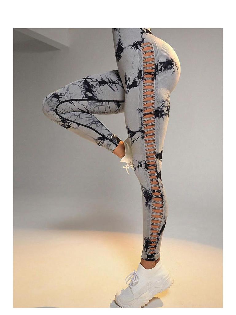 Women's High-Waisted Tie-Dye Yoga Pants - Hollow-Out, Peach-Lifting, Breathable, Seamless Fitness Wear