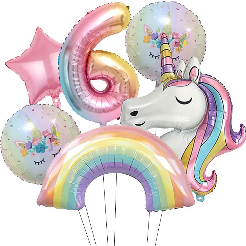 

6pcs ainbow Unicorn Aluminum Balloon 32inch Gradient Number Balloon Unicorn Party Supplies Unicorn Party Decoration Baby Shower as picture