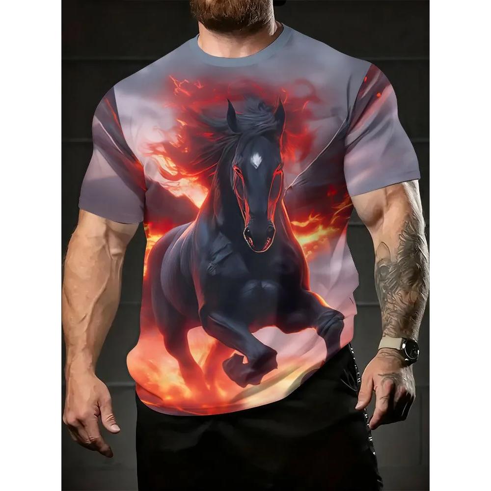Men's Animal Print Top Fashion Versatile Short-sleeved Casual T-shirt Loose Comfortable T-Shirts Men’s
