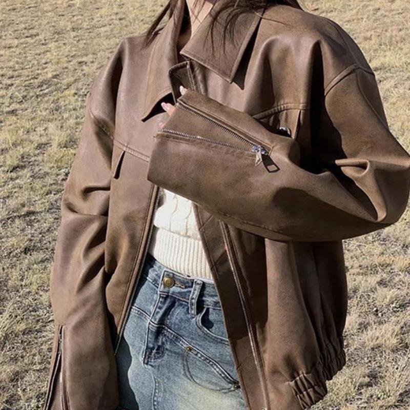 

2025 Spring Coffee-Colored Biker Jacket: Stylish, High-End, Lightweight Leather Outerwear for Women Small