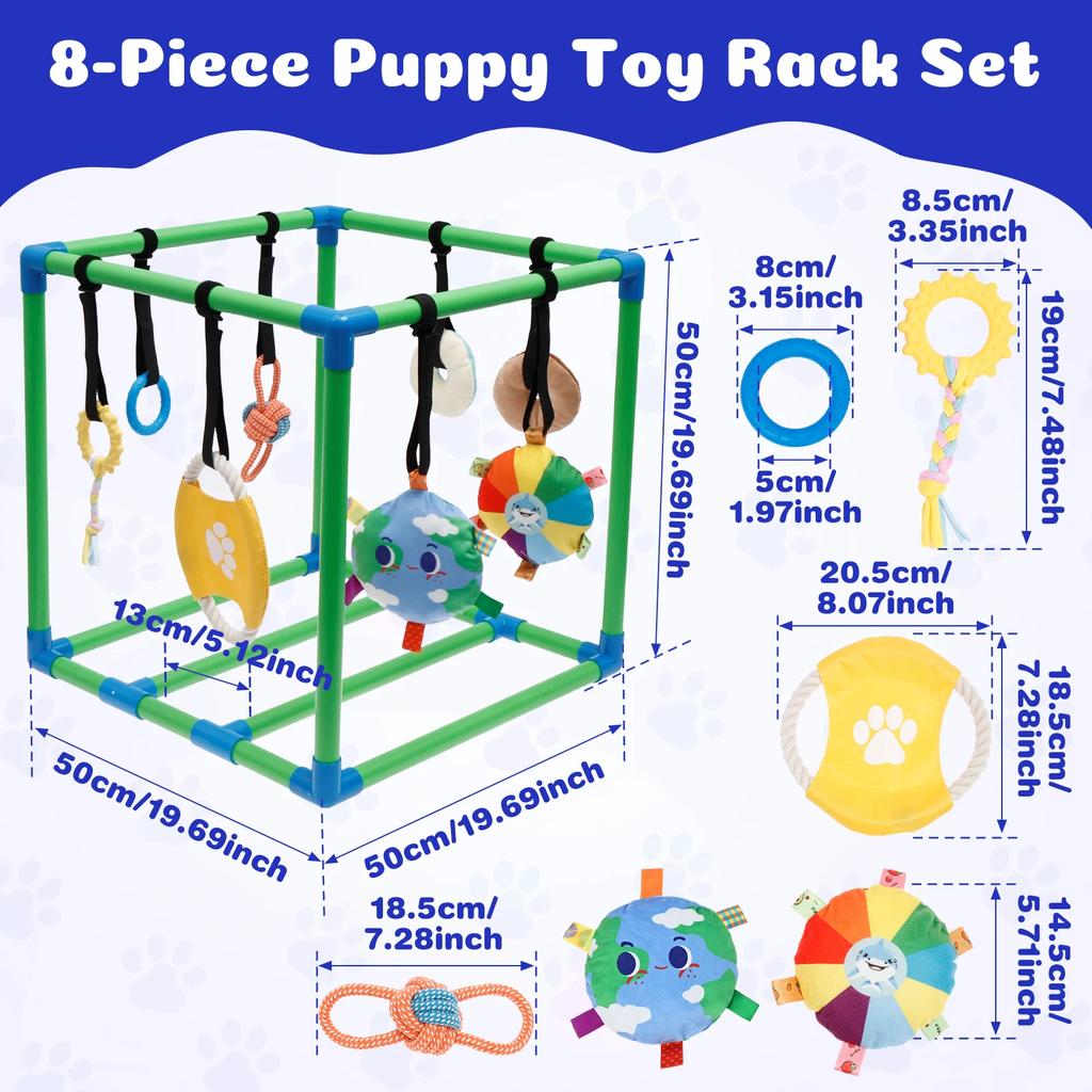 Parc d'activités pour chiots avec 8 jouets suspendus Parc d'attractions Jungle pour petits chiens Cadre en PVC Parc pour chiens pour jouer et se divertir