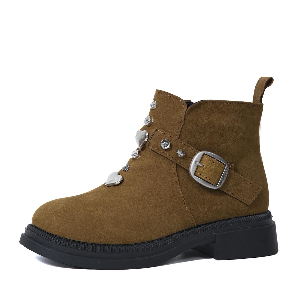 

Большие размеры, повседневные, с плоским дном, с заклепками, пряжкой на ремне, зимние, короткие, с круглым носком, замшевые ботинки Martin, хлопковая обувь 35-42 37 верблюд