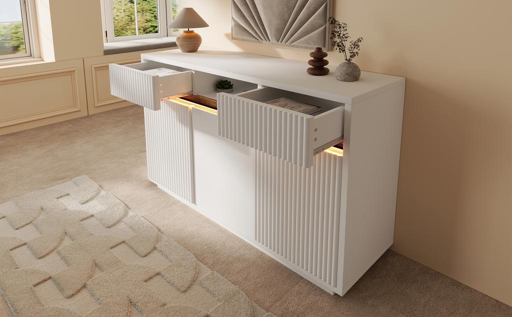 Sideboard White with LED 140x40x85 Cm, Chest of Drawers with 2 Drawers and 3 Doors, with Adjustable Shelves, Modern Living Room, Hallway, Kitchen