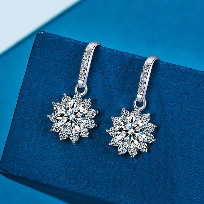 White Gold and Copper-Plated Sunflower Moissanite Earrings with Diamond Ear Hooks, One Carat