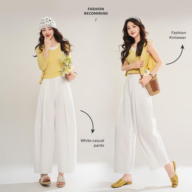 Bailuyu Women s Pleated High-Waist Cropped Wide-Leg Pants M