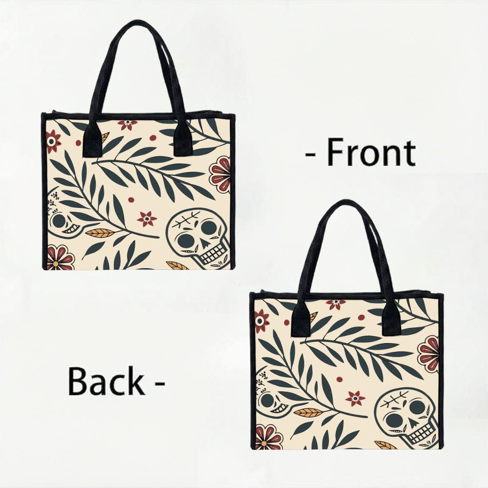Bohemian Skull Floral Canvas Tote Bag Casual Daily Shoulder Handbag for Ladies
