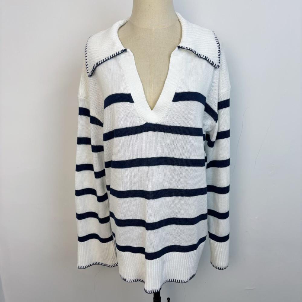 

Женский свободный полосатый свитер-пуловер с воротником поло, блок цветов, осень/зима 2024 L