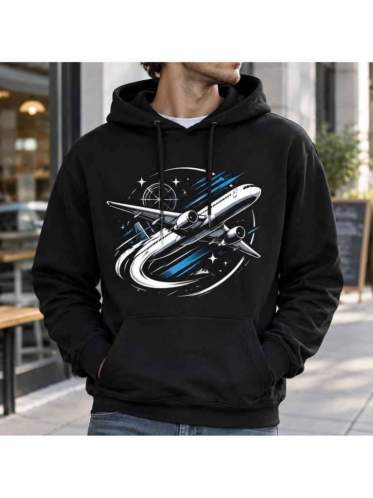 Unisex Airplane Graphic Hoodie, Travel-Inspired Print Drawstring Pullover with Long Sleeves for Fall And Winter Wear