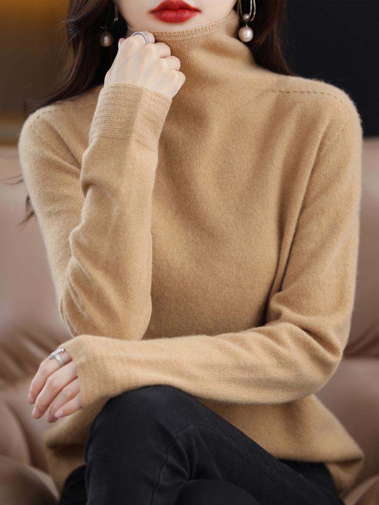 Women's Pure Wool High Neck Knitted Sweater - Solid Color, Autumn/Winter Temperament Top