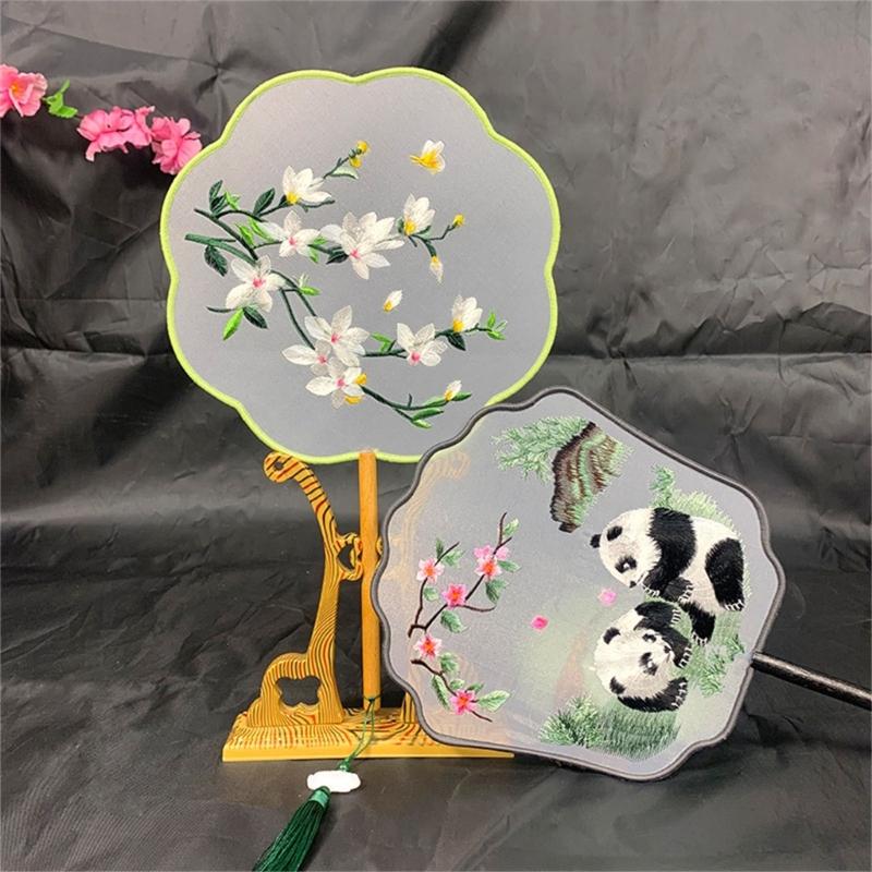 Chinese Styles Ancient Embroidery Fan Decorations Long Handle Tassels Double Side Hand Fan for Womens Girl Performances
