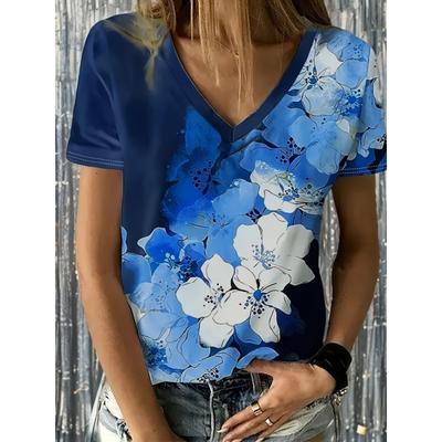Flower Print Large Size T-Shirt Short Sleeve V Neck Women's Top
