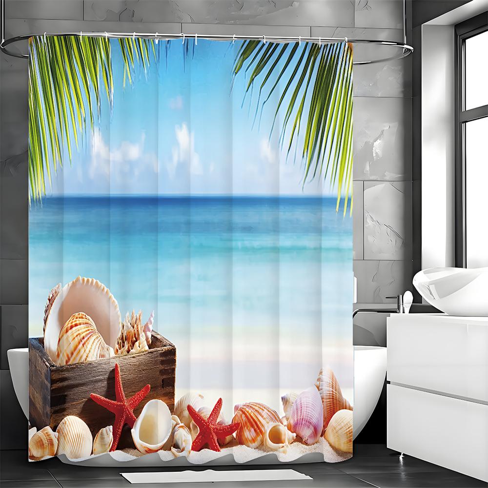 Ocean Coconut Tree Starfish Shell Crate Shower Curtain, Bathroom Decorative Shower Curtain, Waterproof Shower Curtain with Hooks