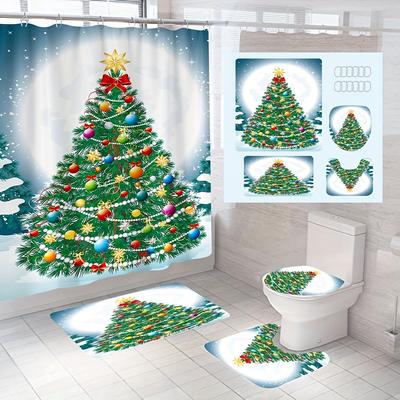 Rideau de douche en forme d'arbre de noël, 4 pièces, avec 12 crochets et tapis de salle de bain antidérapant, ensemble de décoration de salle de bain avec couvercle d'abattant de toilette et tapis en forme de U