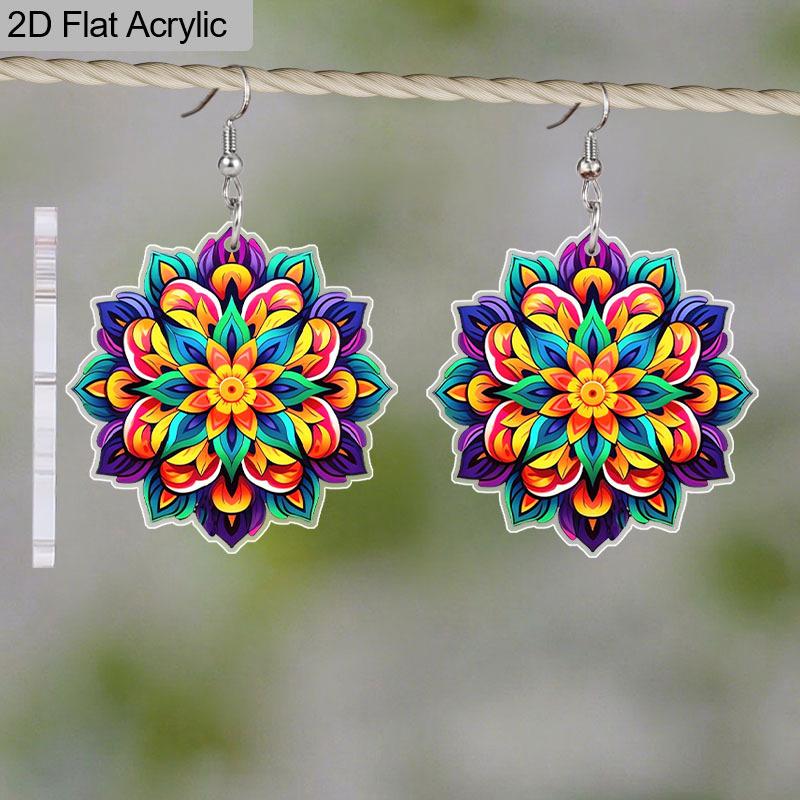 2D Flat Jewelry Cartoon Colorful Mandala Flowers Pattern Dangle Earring Daily Outfits Party Accessories Perfect Gift for Family/ Friends