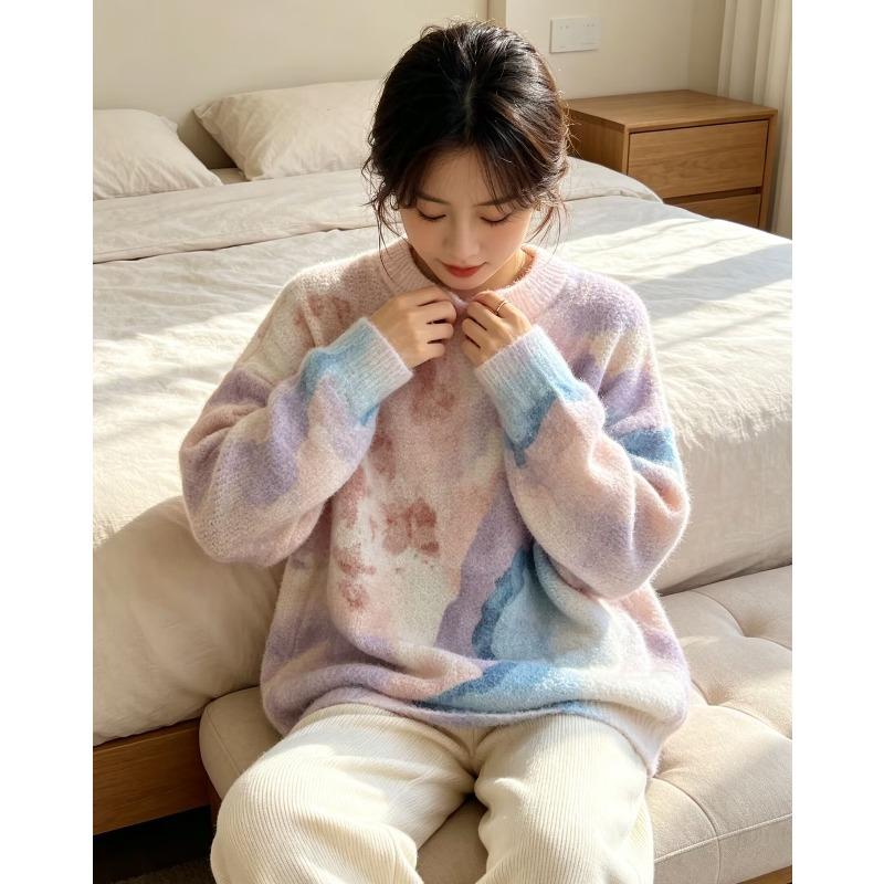 2026 Autumn Women Colorful Sweaters Knitting Basic Fashion O-Neck Style Loose Pullover Sweater