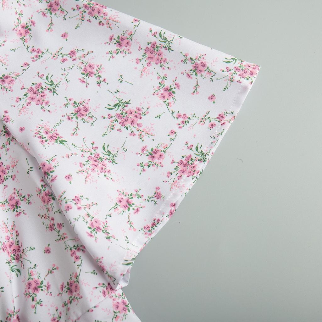 Summer New Women's V-neck Structured Shoulder High Waist Long Floral Print Short Sleeve Dress, European & American Style