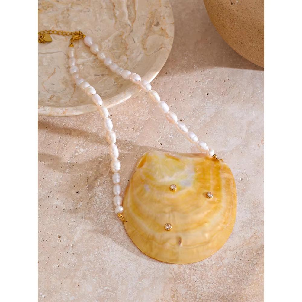 Yhpup Ocean Series Big Shell Pearls Pendant Necklace Gift Statement Stainless Steel Fashion Arrival Attractive Jewelry