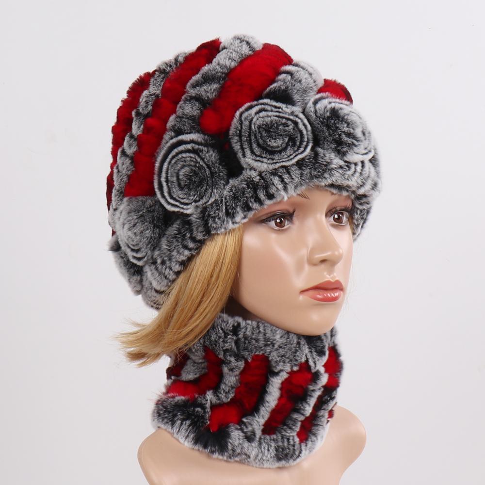 New Good Elastic Lady Winter Rex Rabbit Fur Hats Scarves Knitted Women Natural Fur Caps Scarves Sets 2 Pieces Hats Mufflers