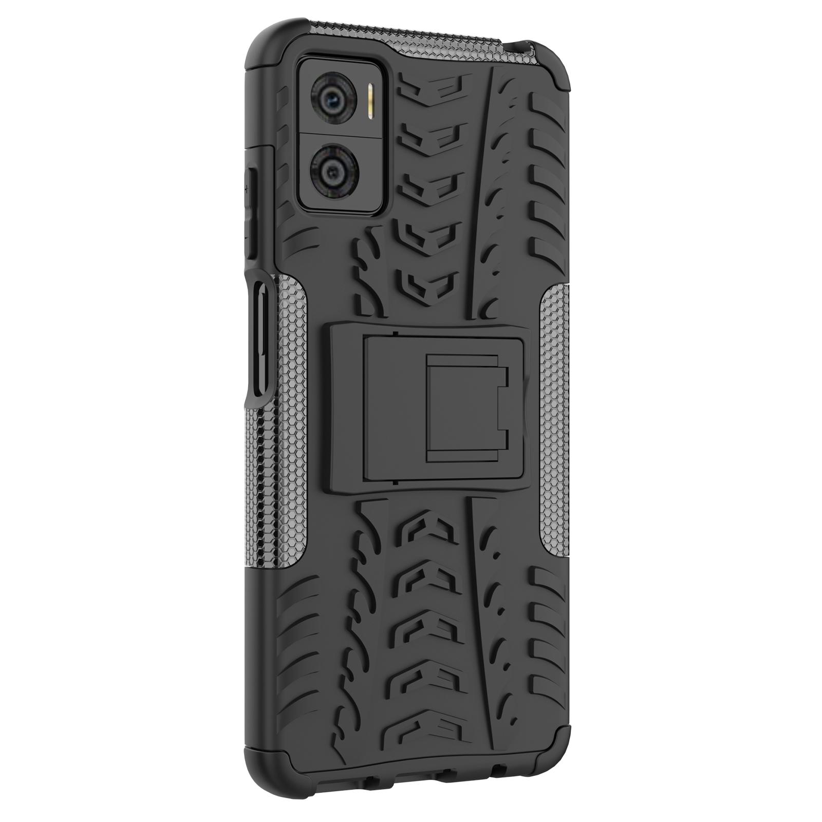 

For Motorola Moto E22 4G/E22i 4G Tyre Pattern Kickstand Shock Absorbing Case PC+TPU Rugged Hybrid Phone Cover Black